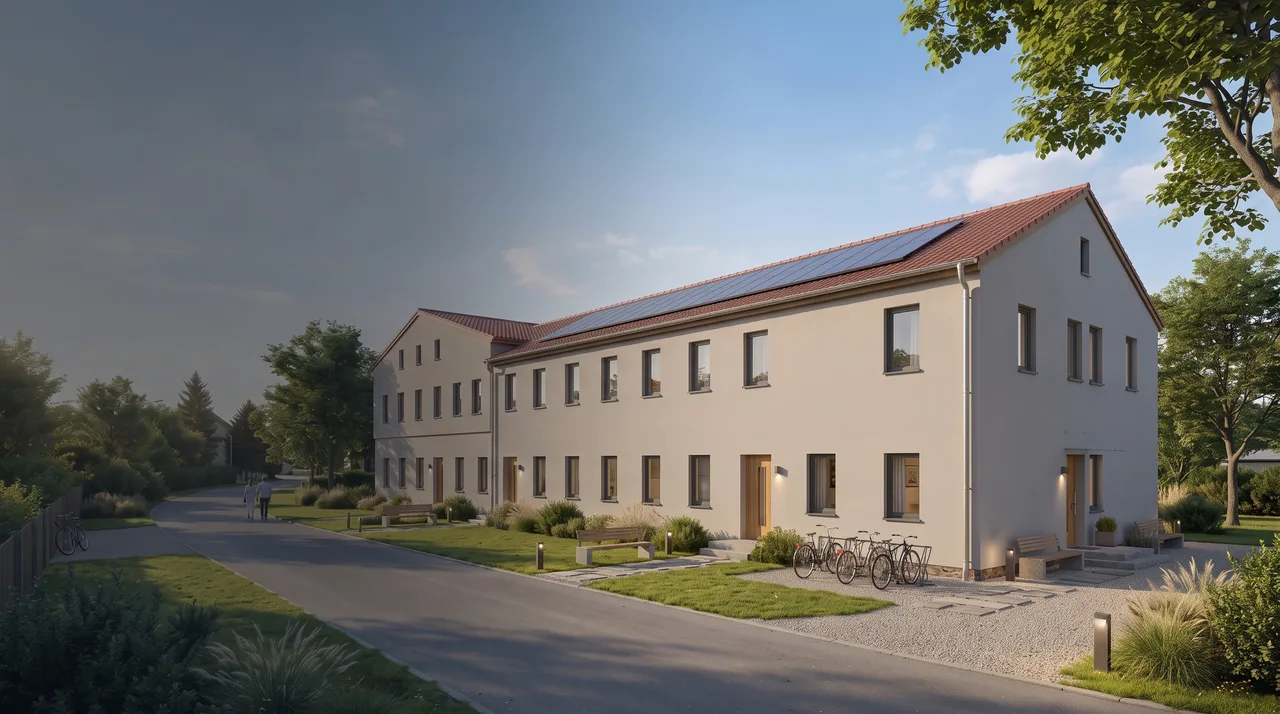 KI-gestützte Visualisierung eines behutsam sanierten Gutshofs mit Wohnungen, begrüntem Hof und Photovoltaik auf den Dächern