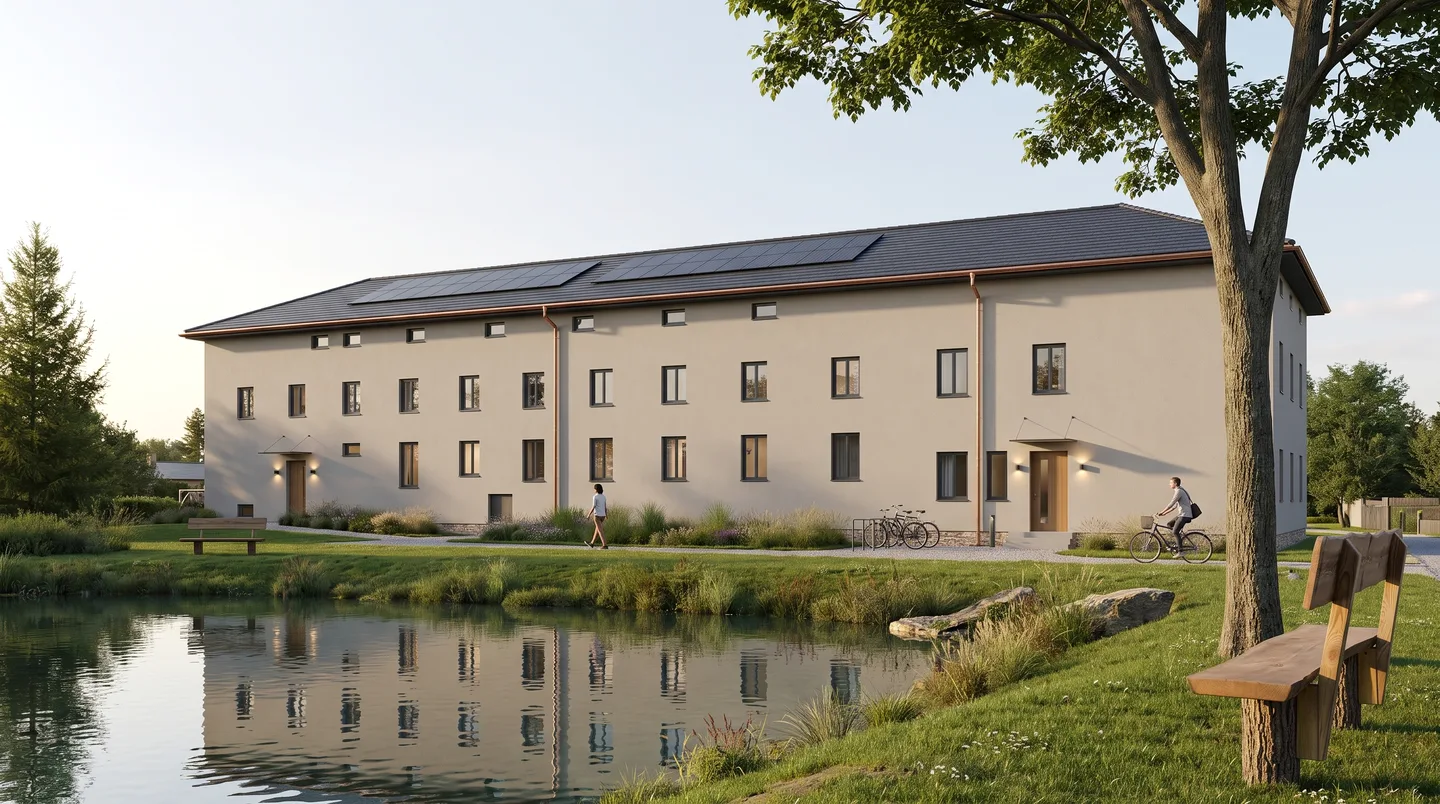 KI-gestützte Visualisierung des Wohnens am begrünten Gutshof mit Teich, Bäumen, Fahrrädern und Photovoltaik
