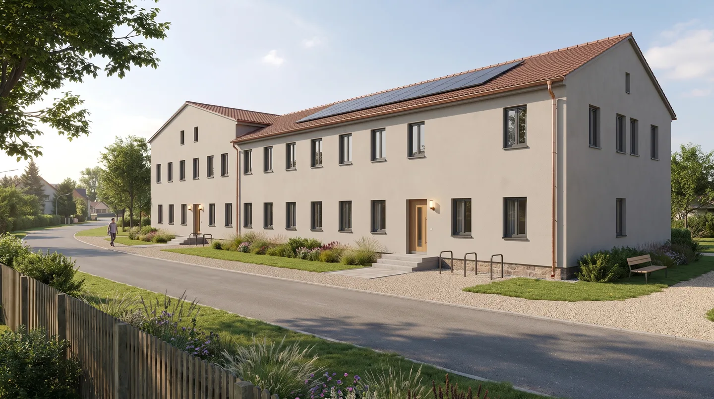 KI-gestützte Visualisierung eines sanierten Gutshofgebäudes mit Photovoltaik, neuen Fenstern und begrüntem Vorbereich